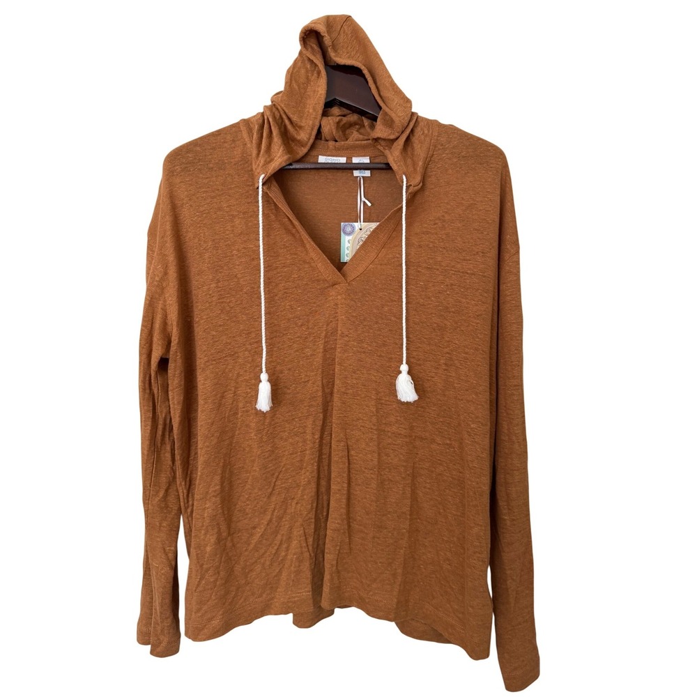 Sigrid Olsen Large 100% Linen Hoodie Pullover Top Terracotta Orange Tassels NEW